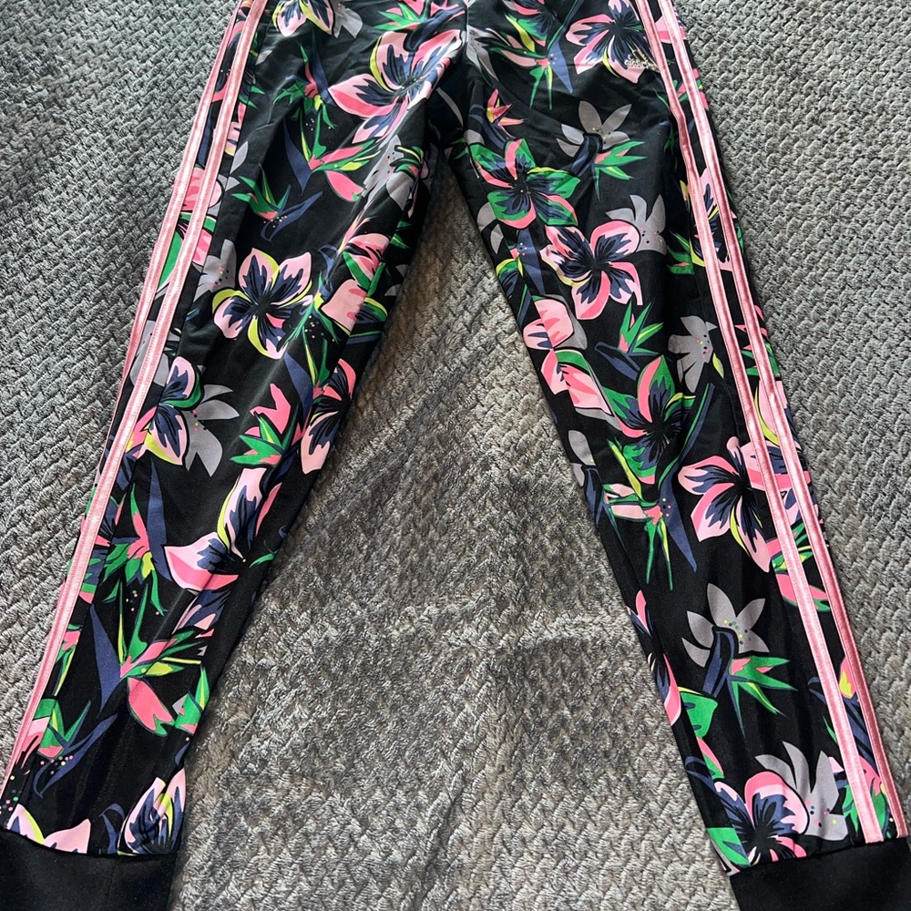 adidas Black Floral Joggers with Pink & Green Accents (matching jacket separate)
